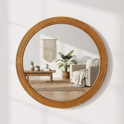 ZIYOO 30 Inch Round Wood Wall Mirror, Farmhouse Rustic Circle Mirror, Wall Mounted Decorative Mirror for Bathroom Vanity, Living Room, Entryway, Bedroom, Vanity, Hallway