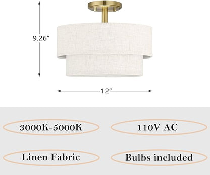 12 Inch LED 18W Adjustable 3000/4000/5000 Gold Double Drum Linen Fabric Shade Semi Flush Mount Close to Ceiling Light Fixture for Bedroom,Living Room,Dining Room Hallway