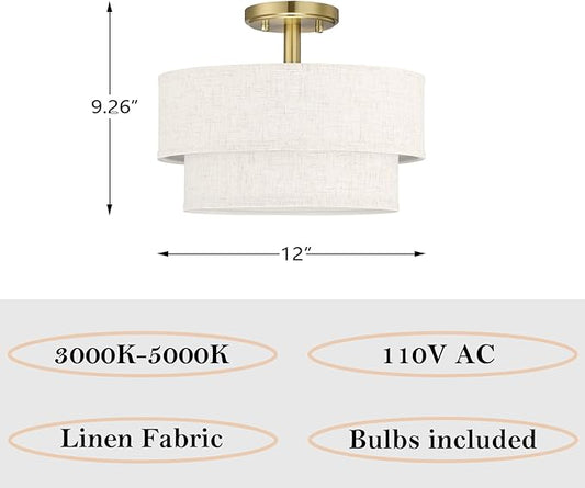 12 Inch LED 18W Adjustable 3000/4000/5000 Gold Double Drum Linen Fabric Shade Semi Flush Mount Close to Ceiling Light Fixture for Bedroom,Living Room,Dining Room Hallway