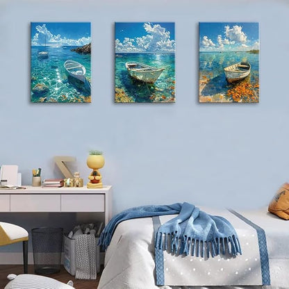 Ocean Seascape Wall Art Nautical Boat on Beach Canvas Picture Framed Art for Wall Beach Blue Paintings Modern Posters Pictures Artwork for Bathroom Living Room Home Decor 16"x24"x3