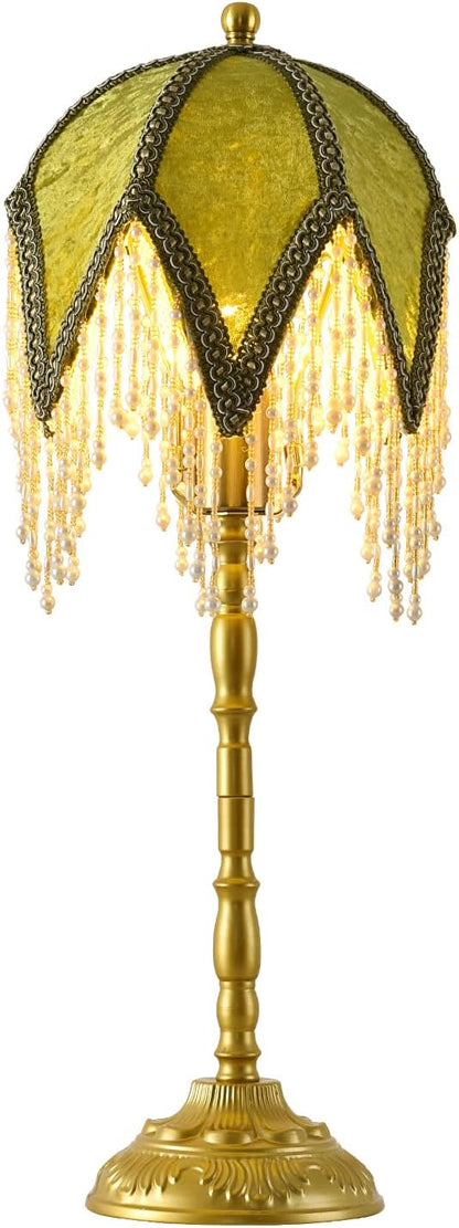 Vintage Tasselled Table Lamp with Beaded Shade, 3 Color Temperatures, Green and Gold, Victorian Style-C