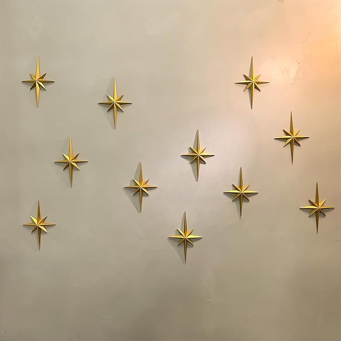 MidModArt 16PCS Mid Century Modern 3D Star Wall Art Gold Retro Starburst Sculptures Vintage Celestial Home Decor, Gold Starburst-Combo