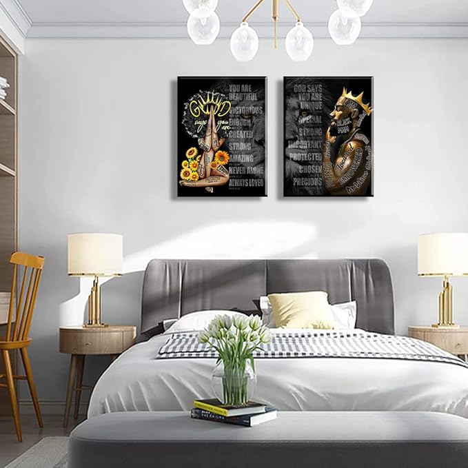 African Black King Queen Framed Canvas Wall Art for African American Man Girls Women Lions Couples Wall Decor Photos Posters Artwork for Living Room Bedroom Bathroom Home Decor