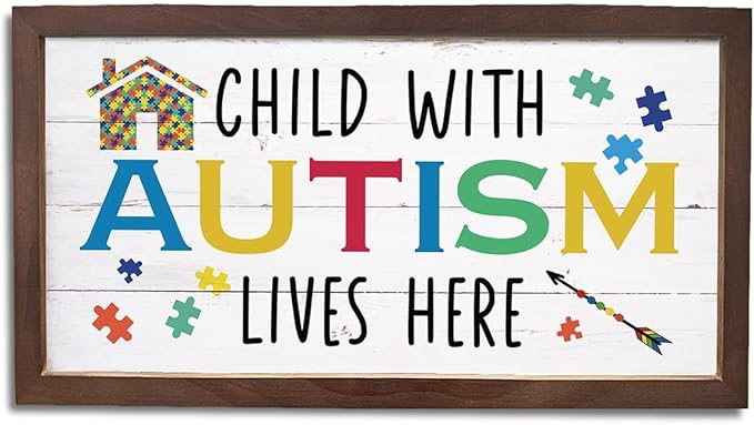 Autism Awareness Wood Sign, Decorative Wooden Wall Plaque, Autistic Decoration for Home Indoor Outdoor, Rustic Farmhouse Wall Decor, Child With Autism Lives Here Sign, 15×7.5×0.3 inches