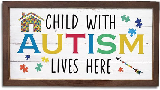 Autism Awareness Wood Sign, Decorative Wooden Wall Plaque, Autistic Decoration for Home Indoor Outdoor, Rustic Farmhouse Wall Decor, Child With Autism Lives Here Sign, 15×7.5×0.3 inches