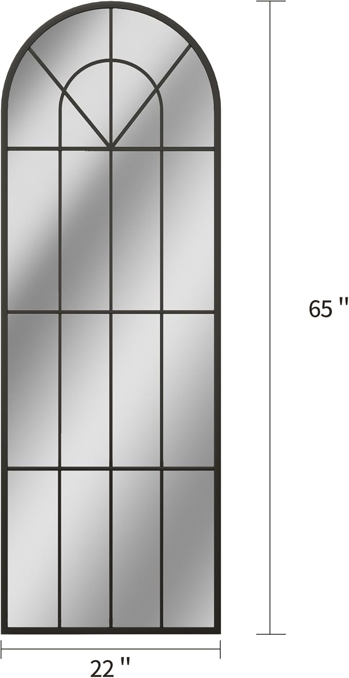 22"x 65" Arched Full Length Window Wall Mirror, Metal Framed, Arched-Top, Farmhouse Rustic Decorative Windowpane Mirror - Black