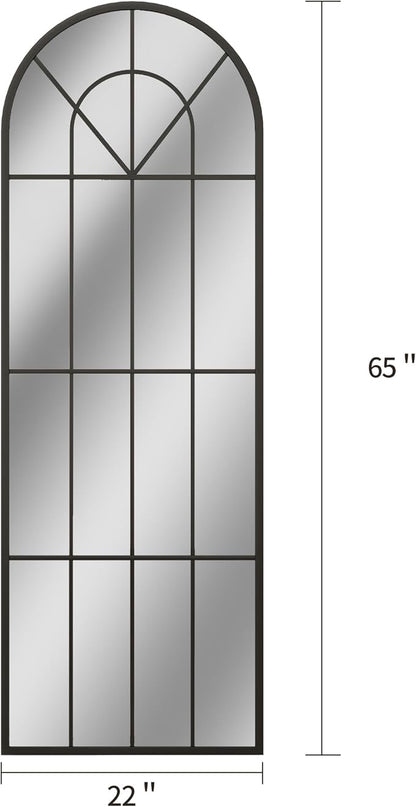 22"x 65" Arched Full Length Window Wall Mirror, Metal Framed, Arched-Top, Farmhouse Rustic Decorative Windowpane Mirror - Black