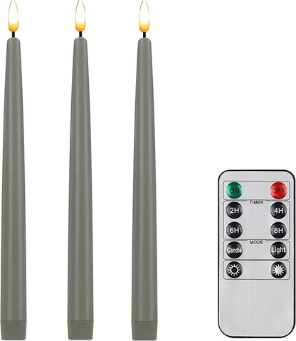 CVHOMEDECO. Flameless Taper Candles with 10-Key Remote, Battery Operated Led Flickering 3D Wick Window Candles Real Wax Finished Home Christmas Party Decor 0.78 x 11 Inch, Pack of 3, Grey