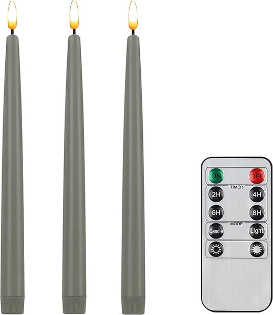 CVHOMEDECO. Flameless Taper Candles with 10-Key Remote, Battery Operated Led Flickering 3D Wick Window Candles Real Wax Finished Home Christmas Party Decor 0.78 x 11 Inch, Pack of 3, Grey
