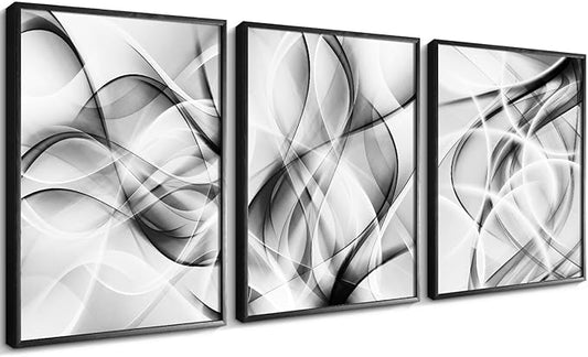 Creoate Abstract Black and White Framed Canvas Wall Art 3 Panels, Modern Home Decor for Living Room, Bedroom 12x16 Inch