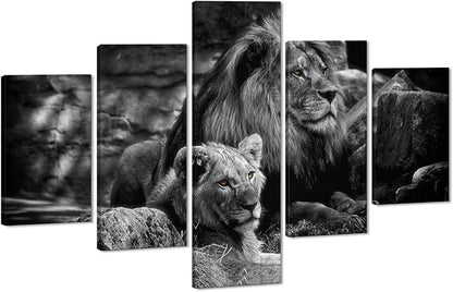 Yatsen Bridge Modern Lion and Lioness Canvas Wall Art 5 Panels Black and White Lions Painting Prints on Posters Easy to Hang for Home Decor - 60''W x 40''H