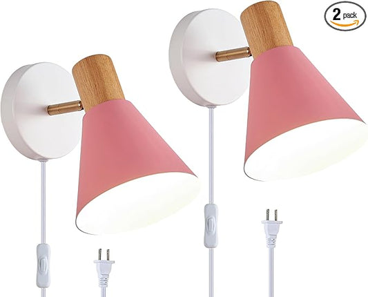 Plug in Wall Sconces Lighting Fixture Pack of 2, Wooden Adjustable Bedside Wall lamp for Industrial Bedroom, Living Room Bathroom Sink Lighting (2, Pink)