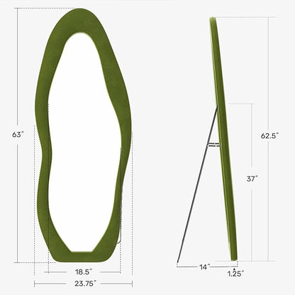 Full Length Mirror, 63"x24" Full Body Mirrors, Flannel Floor Mirrors with Stand, Irregular Wavy Mirror Hanging or Leaning Against Wall for Bedroom Living Room, Green