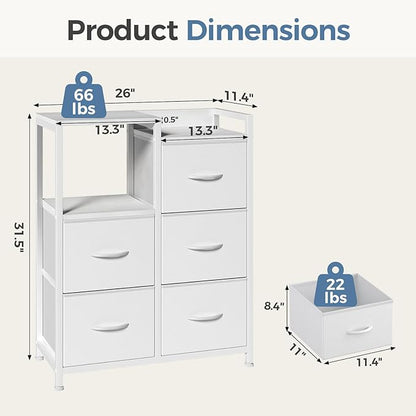 DUMOS TV Stands for Bedroom with 5 Drawers, 5-Drawer Chest of Drawers with Raised Shelf, Storage Tower with Fabric Bins for Closet Organization, Hallway Storage, Ivory
