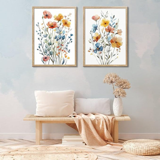 Large Framed Colorful Flowers Canvas Wall Art for Bathroom Decor, Blue Floral Print, Yellow Orange Flowers Artwork Pictures Poster for Bedroom Living Room Decoration 16"x24"x2 Panels