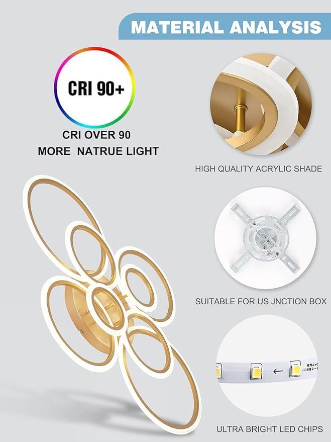 Modern LED Flush Mount Ceiling Light, 8 Rings Gold Close to Ceiling Light Fixtures, Living Room Lighting Ceiling Lamp for Dining Room, Bedroom, Kitchen, 4000K Not Dimmable