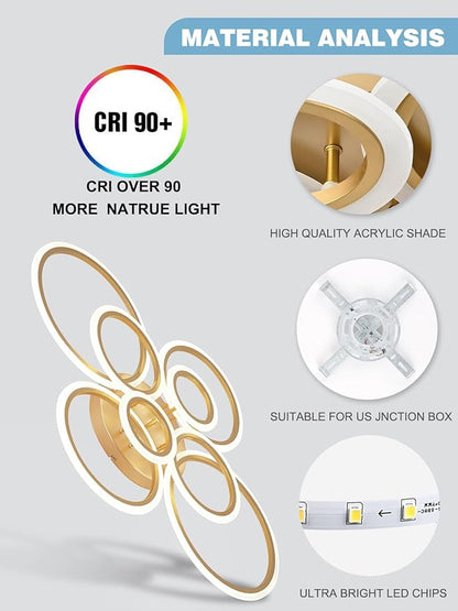 Modern LED Flush Mount Ceiling Light, 8 Rings Gold Close to Ceiling Light Fixtures, Living Room Lighting Ceiling Lamp for Dining Room, Bedroom, Kitchen, 4000K Not Dimmable