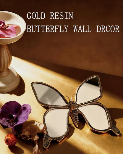 Dragonfly Wall Mirror Decor, Butterfly Art Wall Mirrors, Retro Gold Resin Decorative Wall Mirror, Creative Home Decoration for Living Room Bedroom (Butterfly)