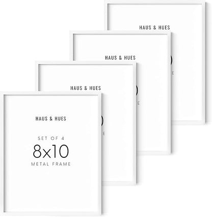 HAUS AND HUES 8x10 White Aluminum Frame Set of 4 - Modern Gallery Pack, Shatterproof Plexiglass (White Aluminum Frames)