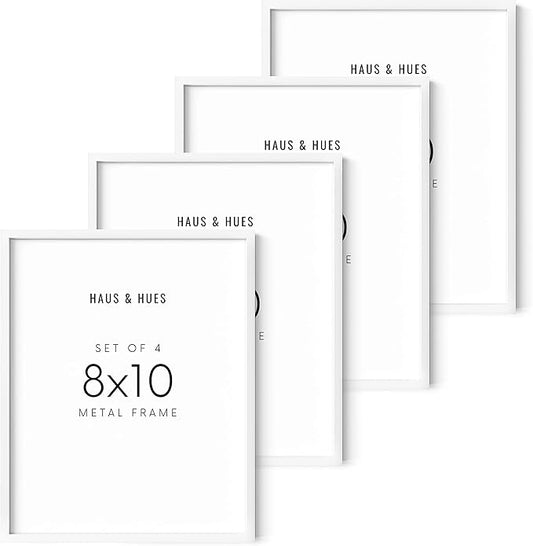 HAUS AND HUES 8x10 White Aluminum Frame Set of 4 - Modern Gallery Pack, Shatterproof Plexiglass (White Aluminum Frames)