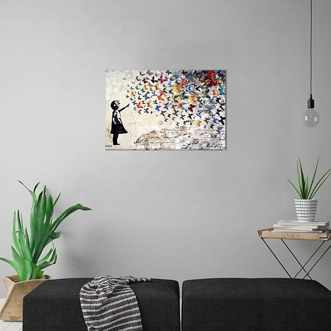 Abstract Creative Graffiti Street Canvas Wall Art Banksy Painting Artwork Wall Decor Graffiti butterfly Painting Colorful Artwork Pop Art Wall Decor Framed Art for Living Room Bedroom - 16x12 inch