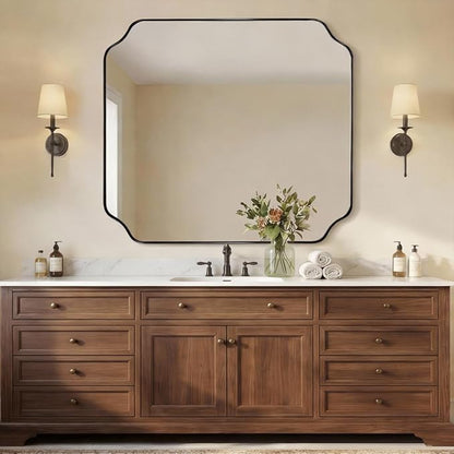 ANDY STAR 36x40 Inch Bathroom Mirror, Large Black Vanity Mirror for Wall, Modern Scalloped Mirror in Premium Stainless Steel Metal Thin Frame, Unique Rounded Notched Corners, Vertically/Horizontally