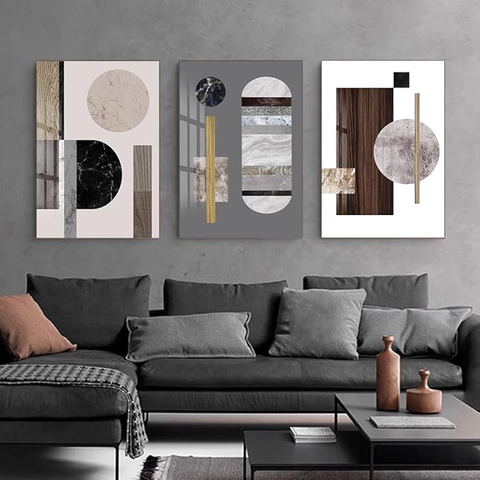QKF Large Geometry Wall Art Modern Abstract Paintings Canvas Gallery for Living Room Bedroom Office Home Decorations Bright 3 Panels Geometric Square Circle Home Decorations 16“X 24”