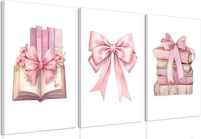 JBZZD Coquette Pink Bow Canvas Wall Art Set of 3,Book Lovers Gifts Preppy Decor Trendy Pink book Posters Pictures Prints Aesthetic for Girls Room College Apartment Living Room Bedroom Framed 12x16 In
