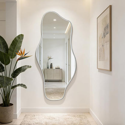 Large Irregular Mirror, 63"x30" Silver Asymmetrical Tempered Glass Mirror, Modern Organic Frameless Wall Mirrors for Living Room Bedroom Hallway Entryway, Horizontal or Vertical Hanging