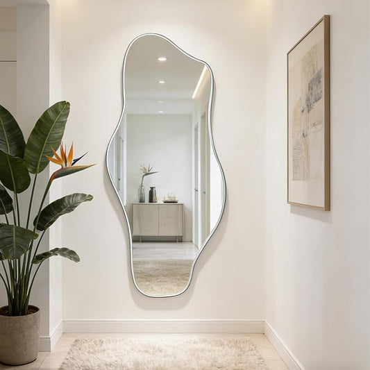 Large Irregular Mirror, 63"x30" Silver Asymmetrical Tempered Glass Mirror, Modern Organic Frameless Wall Mirrors for Living Room Bedroom Hallway Entryway, Horizontal or Vertical Hanging