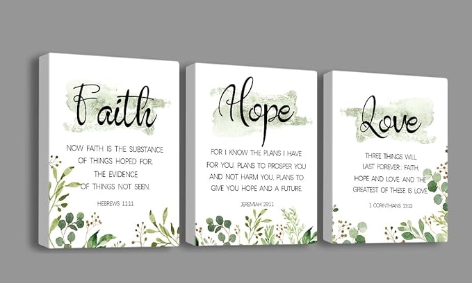 Faith, Hope & Love Bible Verse Wall Art - Inspirational Christian Canvas Art, Great Religious Decor for Living Room & Bedroom (8 X 10in X 3 pcs) Framed