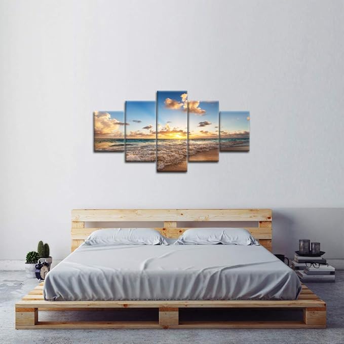 Sunset Beach Wave Scene Seascape Landscape Picture Modern Painting on Canvas 5 Piece Framed Wall Art for Living Room Bedroom Home Decor Gallery Wrap Giclee Posters and Prints (60’’W x 32’’H)