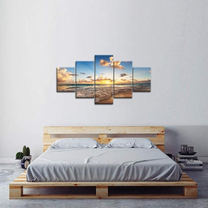 Sunset Beach Wave Scene Seascape Landscape Picture Modern Painting on Canvas 5 Piece Framed Wall Art for Living Room Bedroom Home Decor Gallery Wrap Giclee Posters and Prints (60’’W x 32’’H)