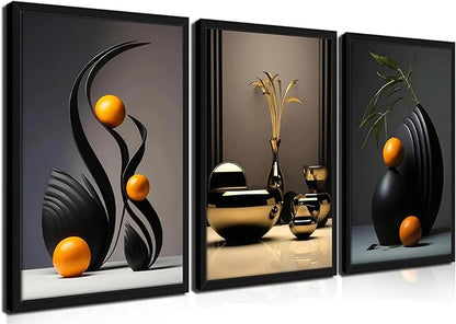 raiqtols Modern Abstract Framed Wall Art for Living Room Set of 3 – Bright Style Orange Still Life Canvas Prints, Smooth Surface Vase Wall Decor with Black Wood Frame for Bedroom Bathroom Office – 16x24in