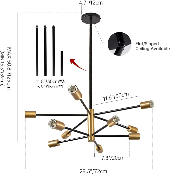 RUIYEY Sputnik Chandeliers Modern Black and Gold Chandeliers 10-Light Mid Century Farmhouse Chandelier Ceiling Light Fixture Height Adustable Pendant Light for Kitchen Island Living Room Dining Room
