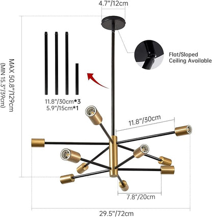 RUIYEY Sputnik Chandeliers Modern Black and Gold Chandeliers 10-Light Mid Century Farmhouse Chandelier Ceiling Light Fixture Height Adustable Pendant Light for Kitchen Island Living Room Dining Room