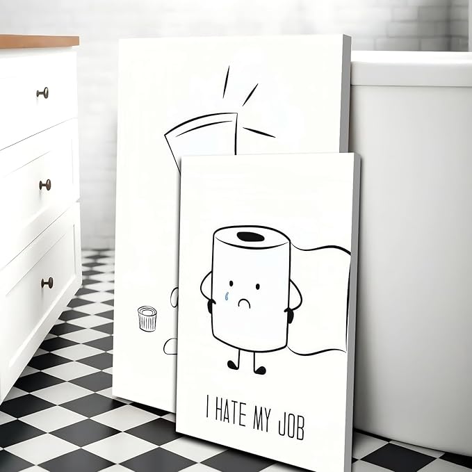 Framed Funny Bathroom Wall Art Set of 2,Black and White Cartoon Toilet Humor Canvas Prints,Cute Toothpaste and Toilet Paper Painting Pictures,Modern Minimalist Bathroom Decor for Home Restroom 12x16IN