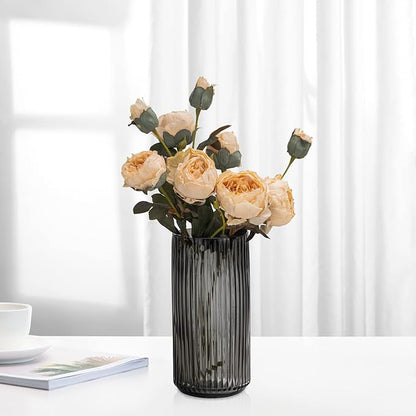 TIMEFOTO Flower Vase 7.5 inch Grey Thickened Hand Blow Glass Vase Round Vintage Striped Bottles for Bookshelf,Dinner Table,Indoor Office Desktop,Meeting Room,Bathroom,Countertop,Home
