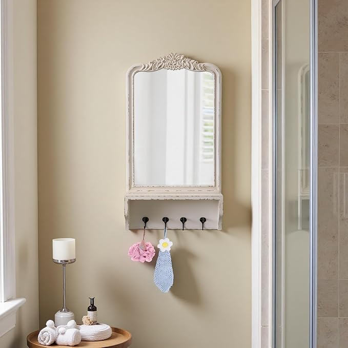 Vintage Mirror with Shelf and 4 Hooks 30 X 16 Inch, Hanging Distressed White Wood Framed Rustic Wall Mirror Decorative with Storage for Entryway Bathroom Living Room Bedroom