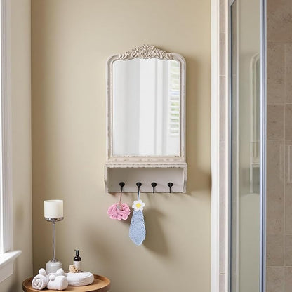 Vintage Mirror with Shelf and 4 Hooks 30 X 16 Inch, Hanging Distressed White Wood Framed Rustic Wall Mirror Decorative with Storage for Entryway Bathroom Living Room Bedroom
