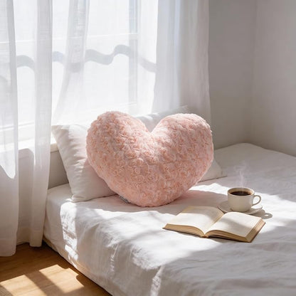 18" Blush Nude Heart Pillow, Luxury 600GSM Rose Textured Faux Rabbit Fur, Soft Apricot Aesthetic Decorative Throw Pillow for Couch Bed, Healing Neutral Pink Heart Cushion Decor