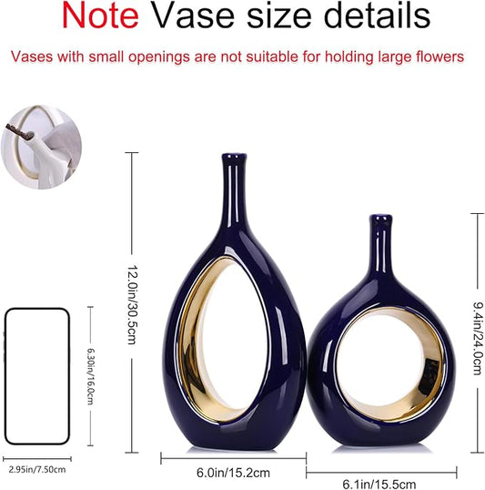 Blue and Gold Vase Ceramic Blue Vases Home Decor,Modern Minimalist Circle with Hole Decorative Vase, Hollow Ellipse Flower vases for Bookshelf, Fireplace Mantle, Centerpieces,Farmhouse,Rustic Décor