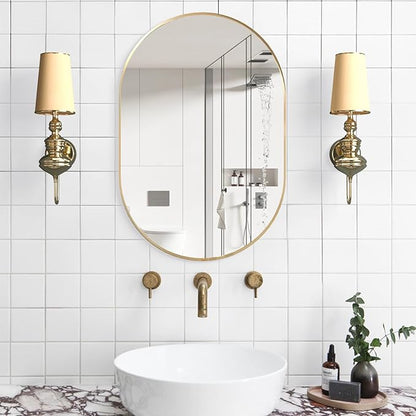 Oval Bathroom Mirror Capsule Wall Vanity Mirror, 24"x36" Pill Mirrors Wall Mounted Mirror, Large Modern Mirror with Gold Metal Frame, Decor for Entryway, Bedroom