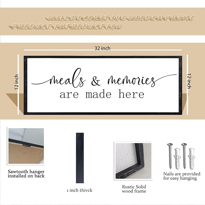 comurdyo Dining Room Meals and Memories Are Made Here Wall Decor 32"x12" for Minimalist Rustic Farmhouse Dining Room Kitchen Sign Large Wooden Framed Plaque Wall Hanging Art (Black)