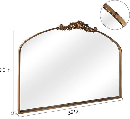 HQiJun Gold Wall Mirror, Large Arched Vintage Baroque Ornate Mirrors, Traditional Decorative Antique Brass Mirror for Entryway, Living Room, Bedroom, Bathroom Vanity, Fireplace Mantel(Gold,29"x36")