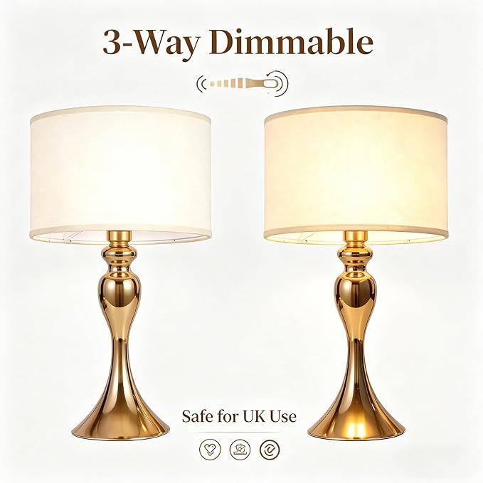 Gold Table lamp Set of 2 mid Century Modern Unique Decorative Cylinder smart end Side Bedside Night Cream dimmable for Bedroom