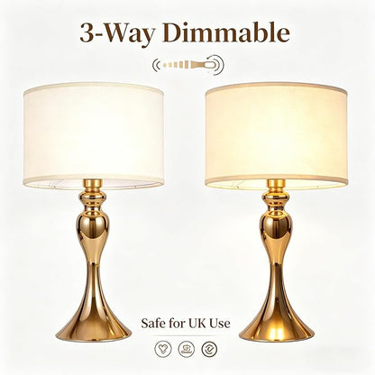 Gold Table lamp Set of 2 mid Century Modern Unique Decorative Cylinder smart end Side Bedside Night Cream dimmable for Bedroom