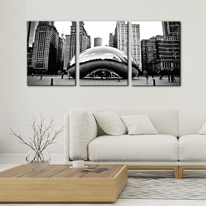 3 Pieces Black and White Wall Art - The Millennium Park in Downtown Chicago Photograph Picture Print on Canvas - Cloud Gate Canvas Wall Art for Modern Home Decor Ready to Hang - 12" x 16" x 3