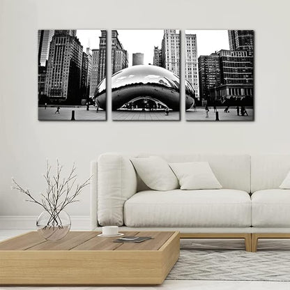 3 Pieces Black and White Wall Art - The Millennium Park in Downtown Chicago Photograph Picture Print on Canvas - Cloud Gate Canvas Wall Art for Modern Home Decor Ready to Hang - 12" x 16" x 3