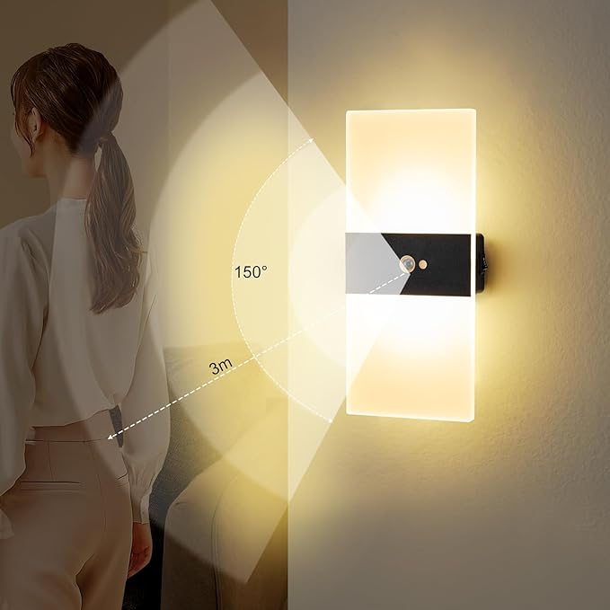 Motion Sensor Wall Light, Rechargeable LED Wall Sconce, Dimmable Magnetic Night Light, 3000K Warm White Wireless Lamp, Battery Powered Indoor Hallway Stairway Closet Bedroom,1-Pack